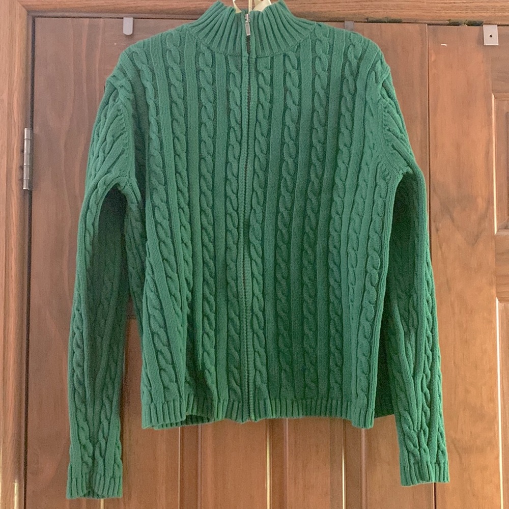 LL Bean Women’s Cotton Cable knit Green Zipper Cardigan Large